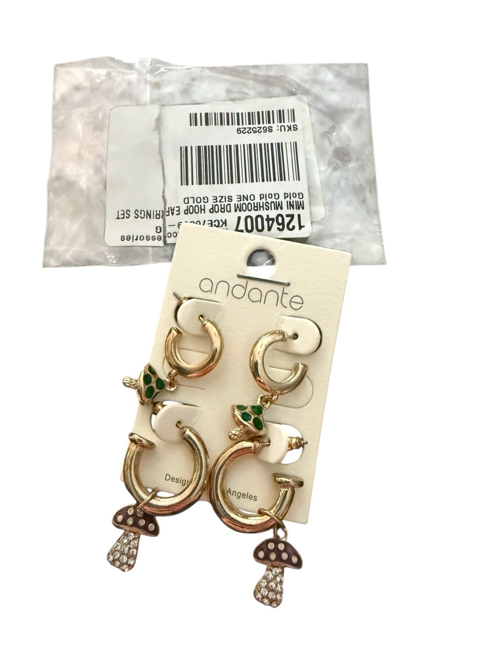 Dolls Kill Gold Hoop Mushroom Drop Earrings with Green Accents